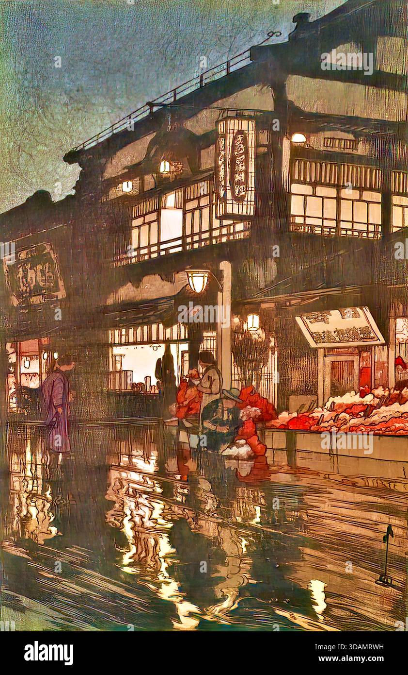 【真作】版画　リトグラフ　Rain　傘と街灯の情景　現代版画作品　Z94 Hiroshi Yoshida Kagurazaka Street Night Rain 1929 woodblock print