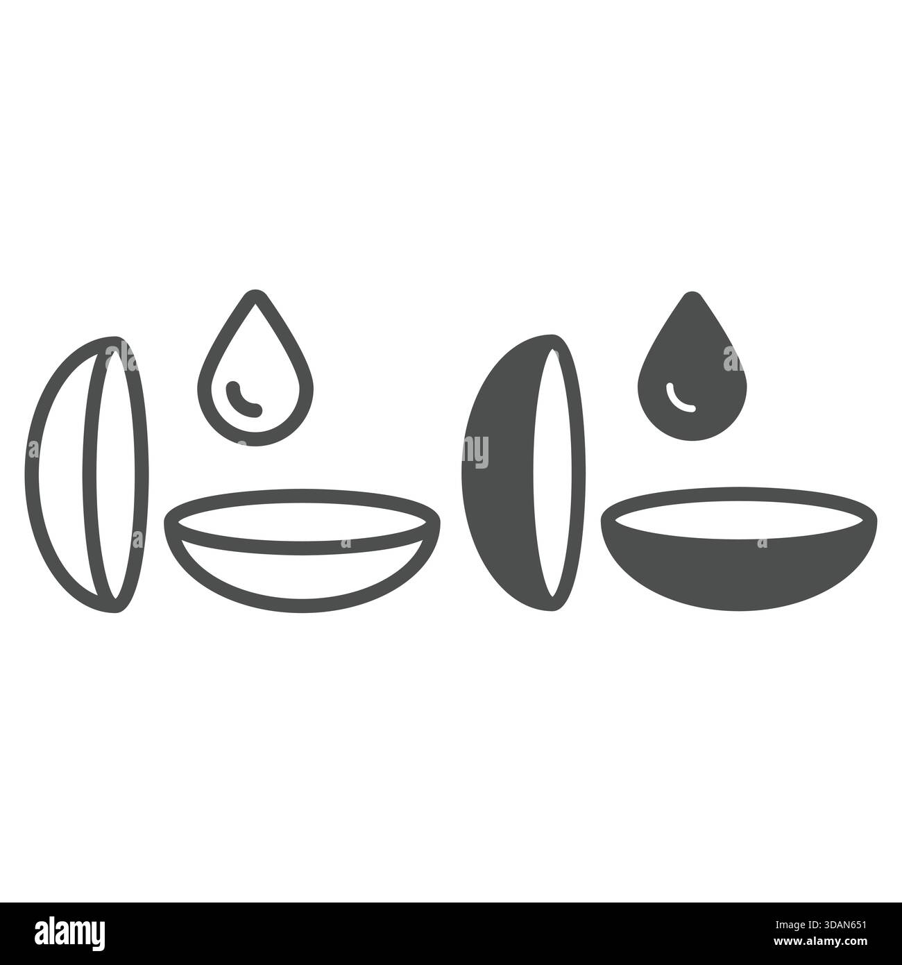 Contact lenses and liquid drop line and solid icon, medical optometry ...
