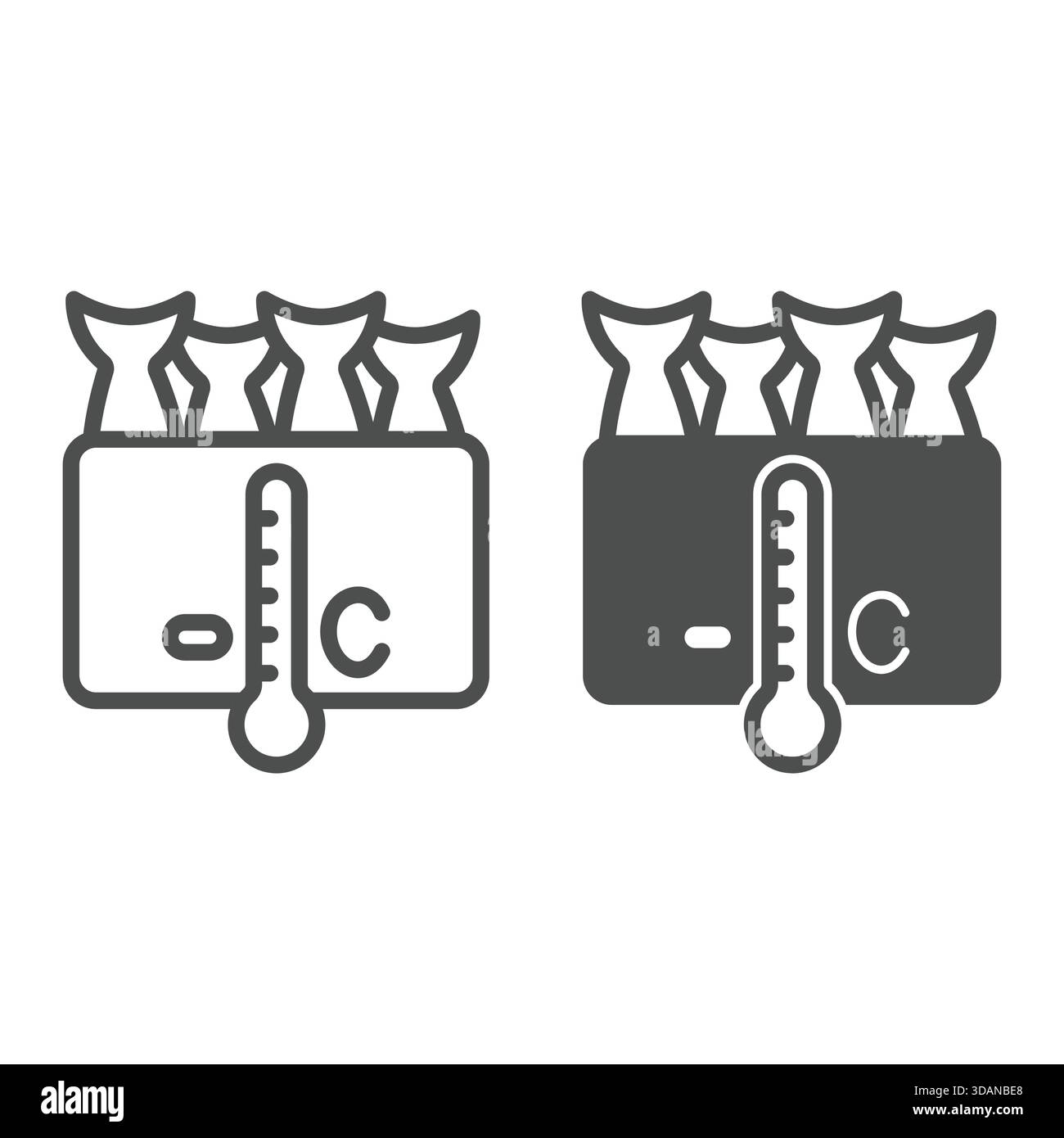 Fish freezing storage line and solid icon, fishery product concept. Vector graphics. Frozen fish in box, thermometer sign on white background, outline Stock Vector