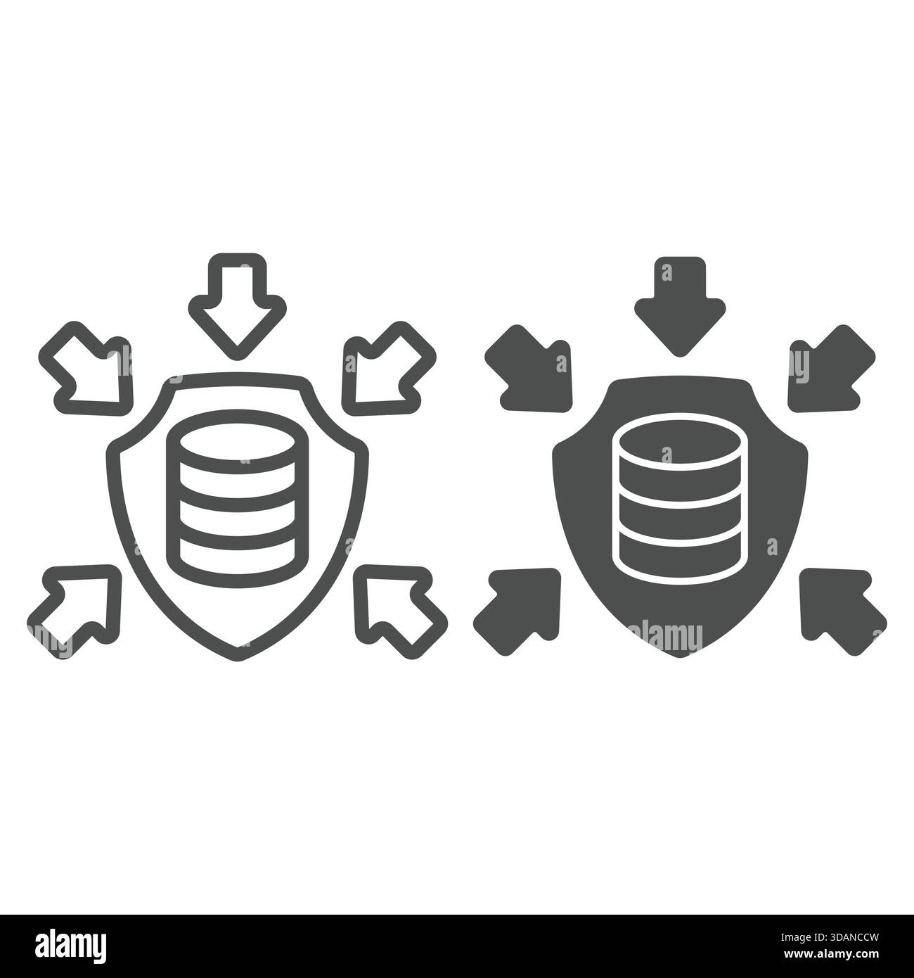 Storage array on shield with arrows line and solid icon, data protection concept. Vector graphics. Hard disks, data under attack sign on white backgro Stock Vector