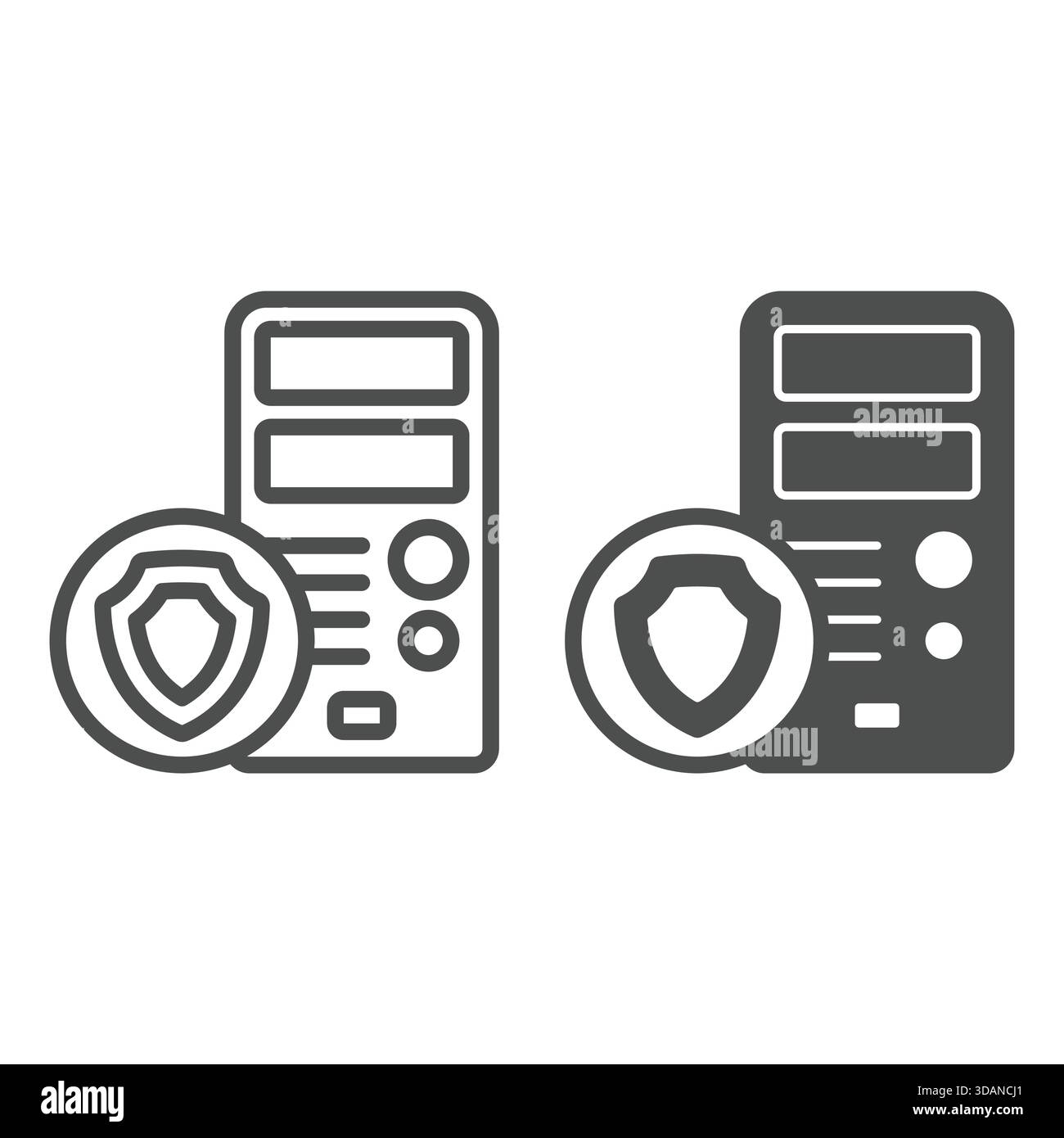 Desktop computer with shield line and solid icon, data protection concept. Vector graphics. System unit box sign on white background, outline style ic Stock Vector