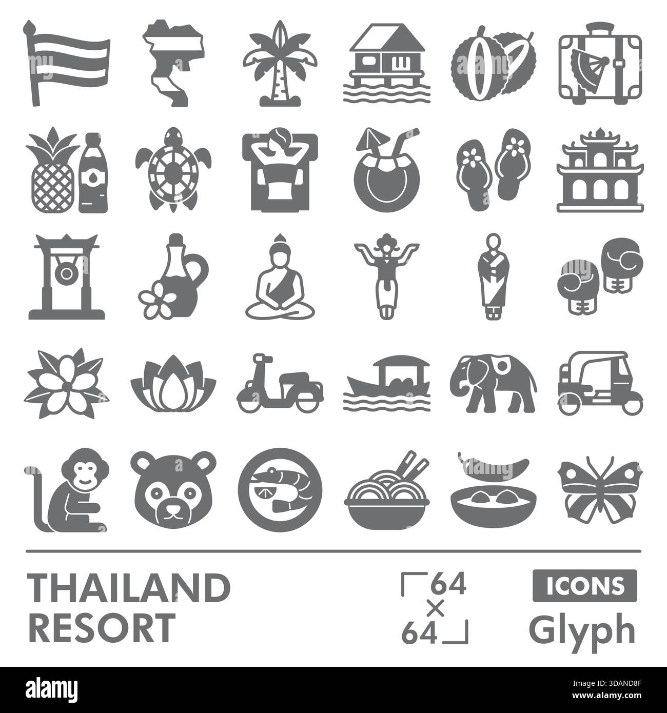 Thailand resort symbols collection or sketches. travel theme icons in glyph style signs for web and app. Vector graphics isolated on white background Stock Vector