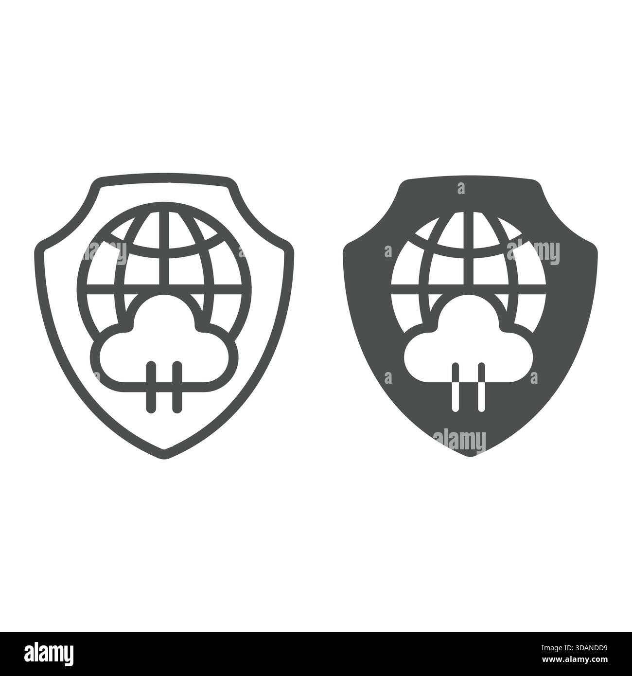 Globe with cloud on emblem line and solid icon, data protection concept. Vector graphics. Shield with world globe and cloud sign on white background, Stock Vector