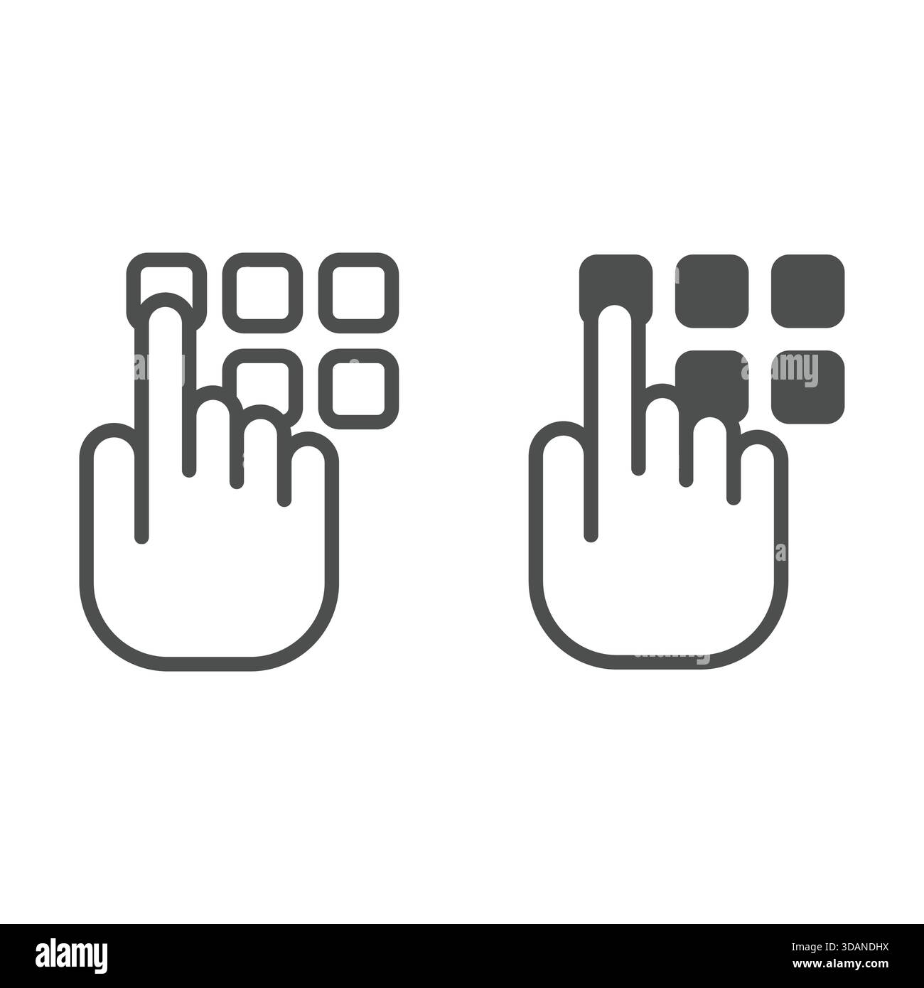 Typing pin code line and solid icon, data protection concept. Vector graphics. Hand pointer with buttons sign on white background, outline style icon Stock Vector