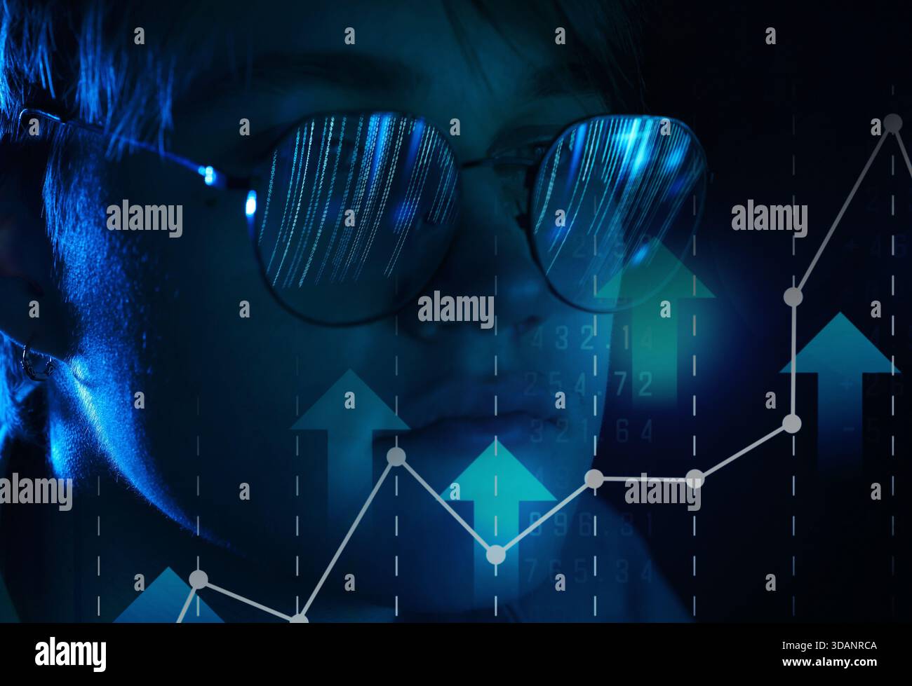 Programmer or software engineer working, closeup. Code reflecting in man's glasses Stock Photo