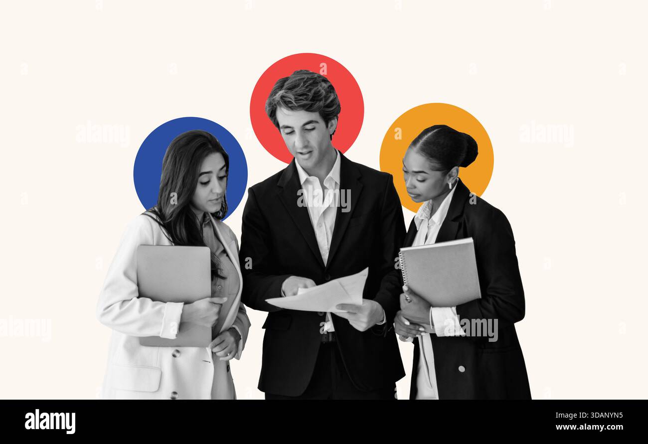 Three Professionals Collaborate on a Project in a Modern Office Setting Stock Photo