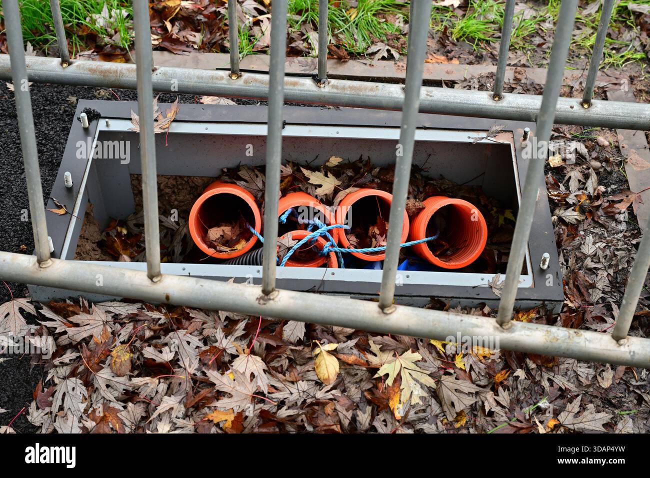 Underground utility box with orange conduits and blue rope Stock Photo ...