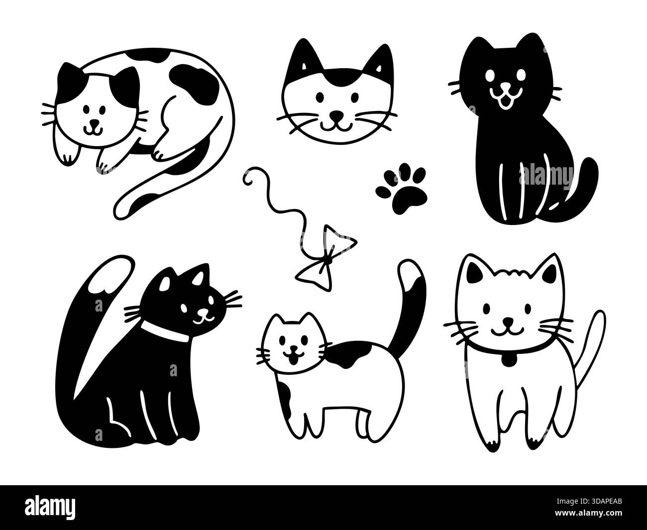Hand drawn cats set in cute outline doodle style. Vector collection of ...