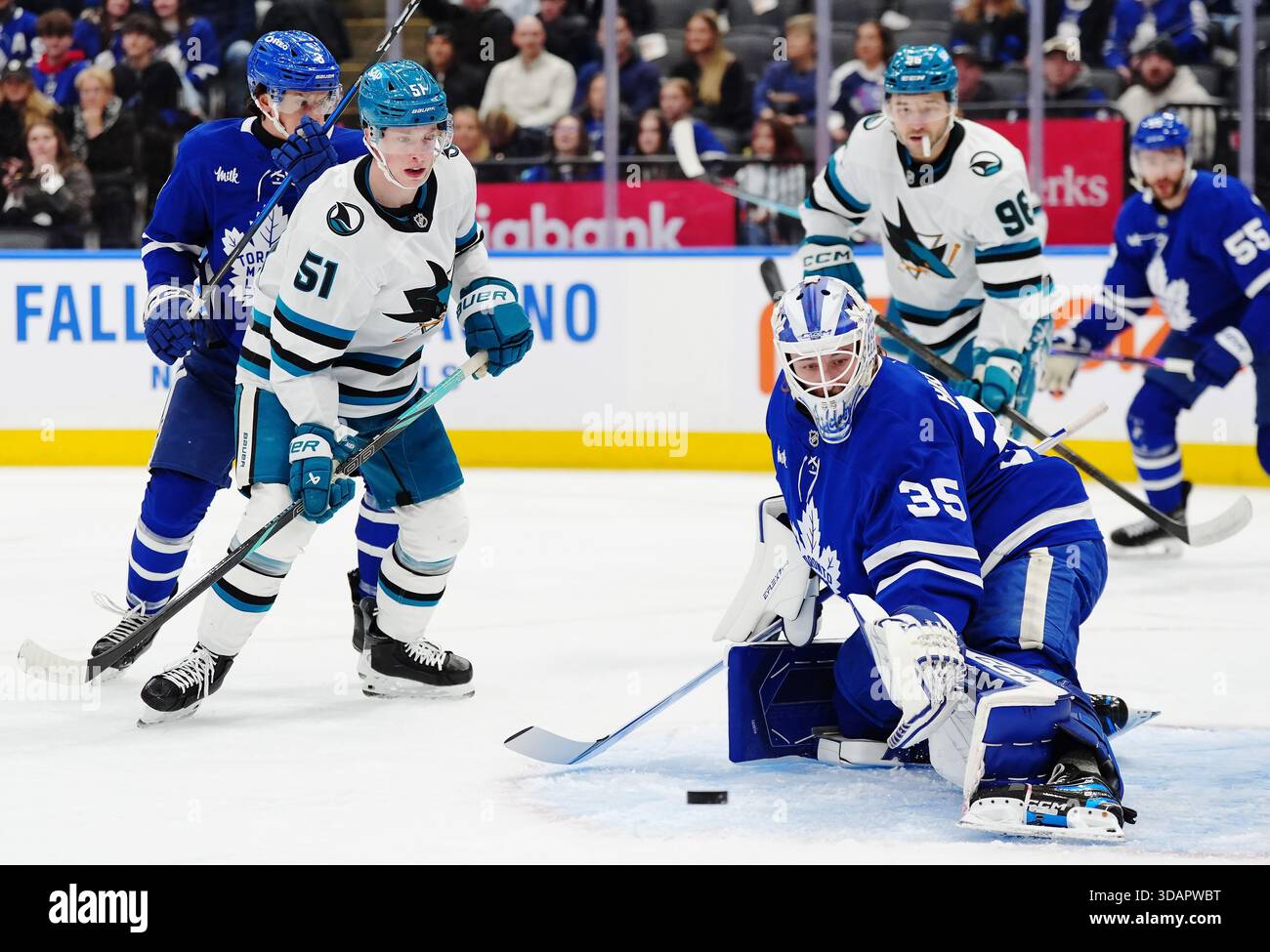 Toronto Maple Leafs goaltender Dennis Hildeby (35) makes a save as San ...