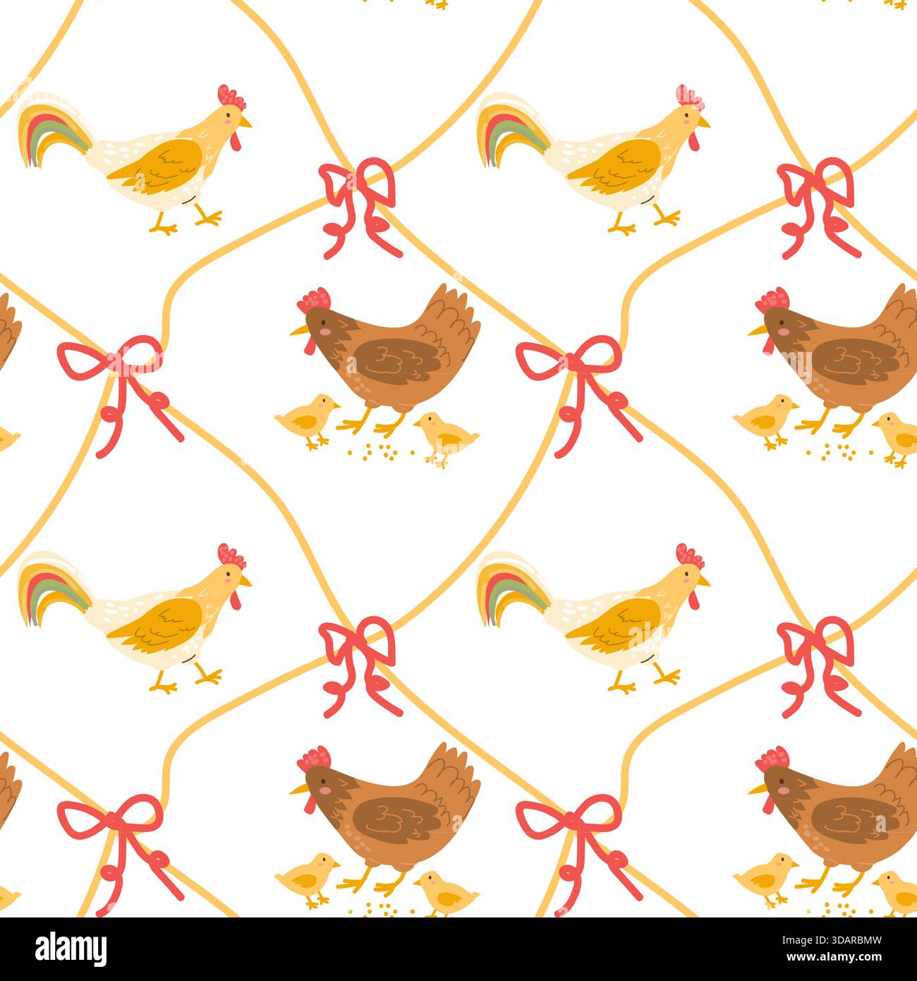 Cute farm birds pattern with diagonal grids and bows knots. Chickens ...