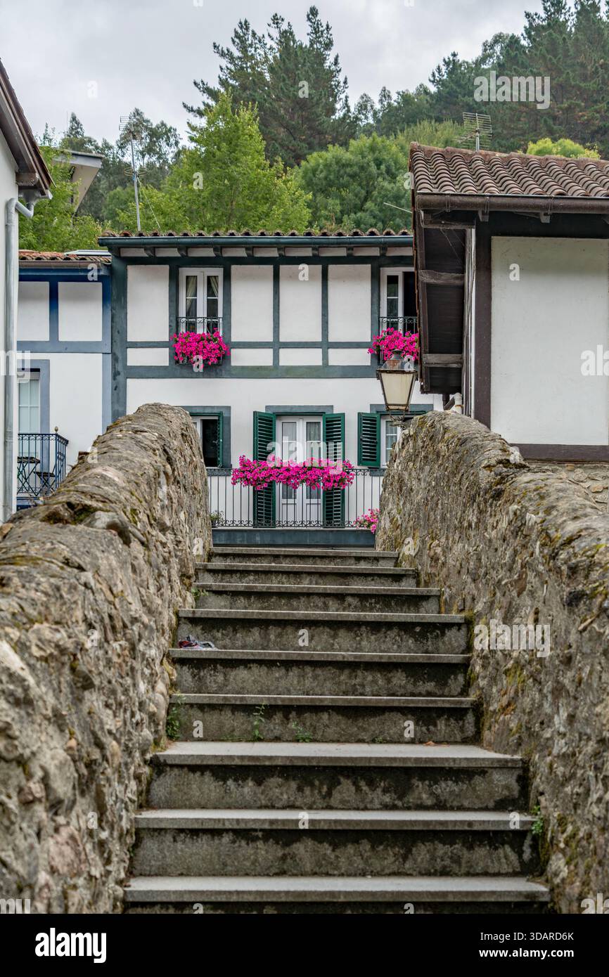 Traditional Basque House with Flower Balcony Over Stone Stairway, Ea ...