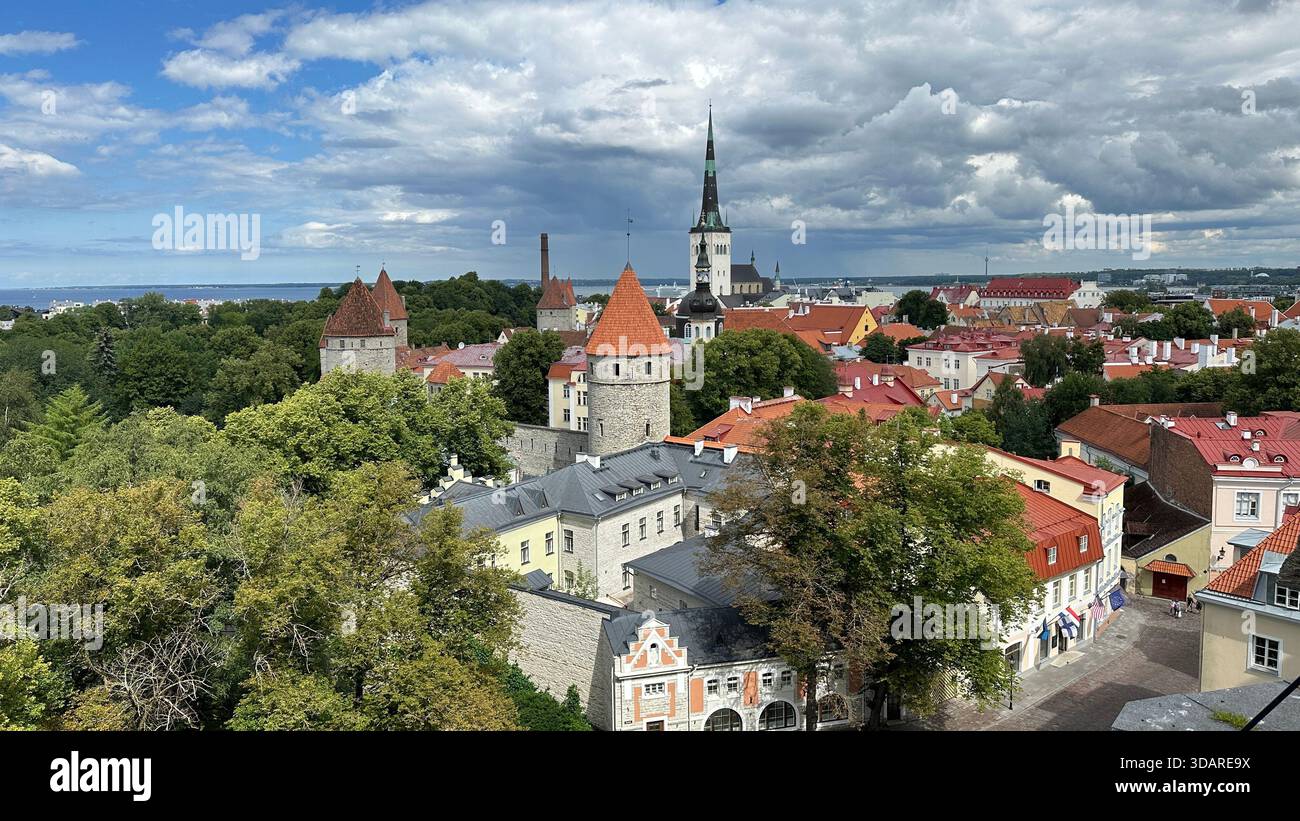 Panoramic view over the medieval Old Town of Tallinn, Estonia. The cityscape features the iconic spire of St. Olaf's Church (Oleviste kirik), historic - Stock Image