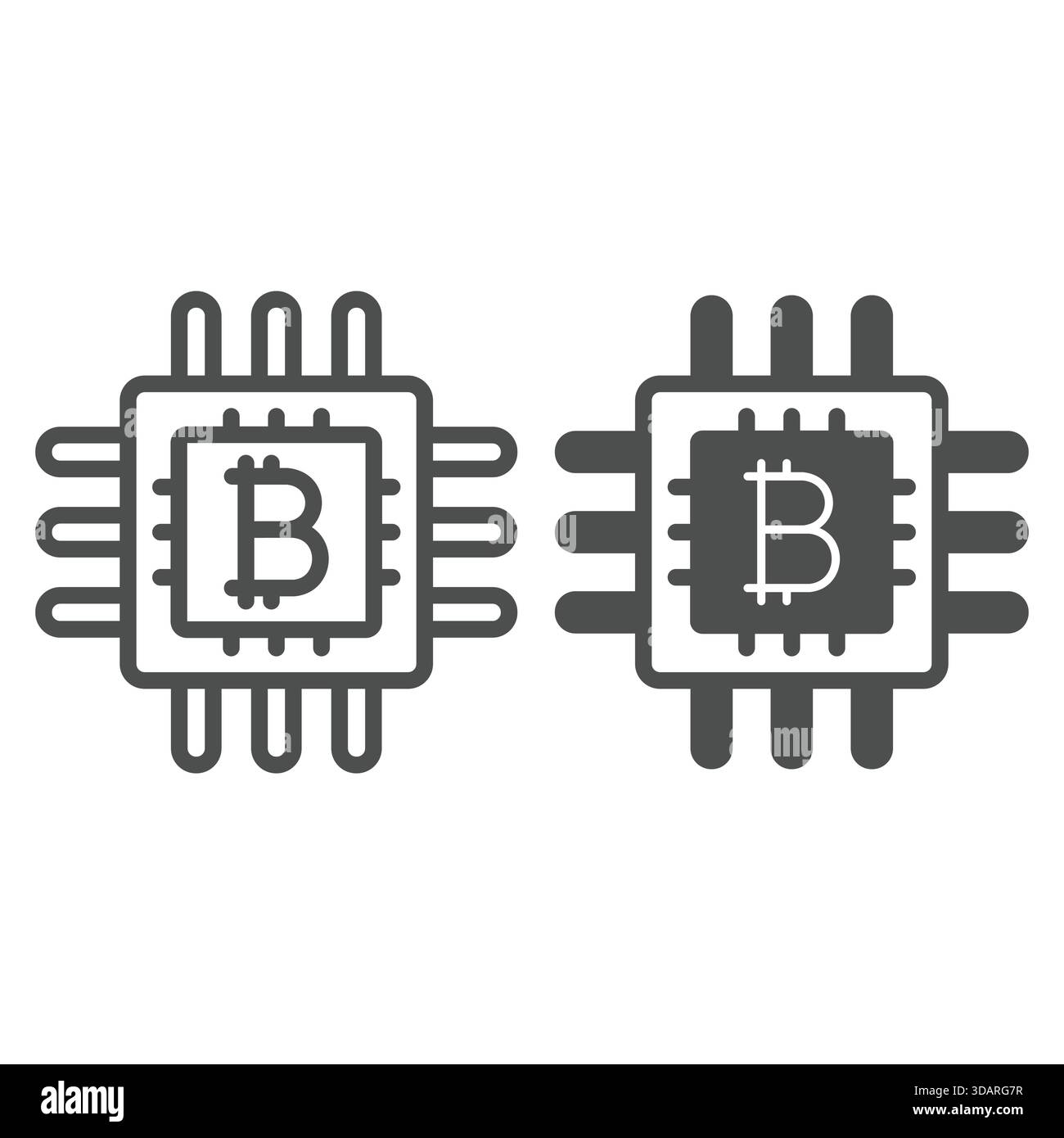 Bitcoin processor chip line and solid icon, mining data concept. Vector graphics. Integrated circuit microchip with coin sign on white background, out Stock Vector