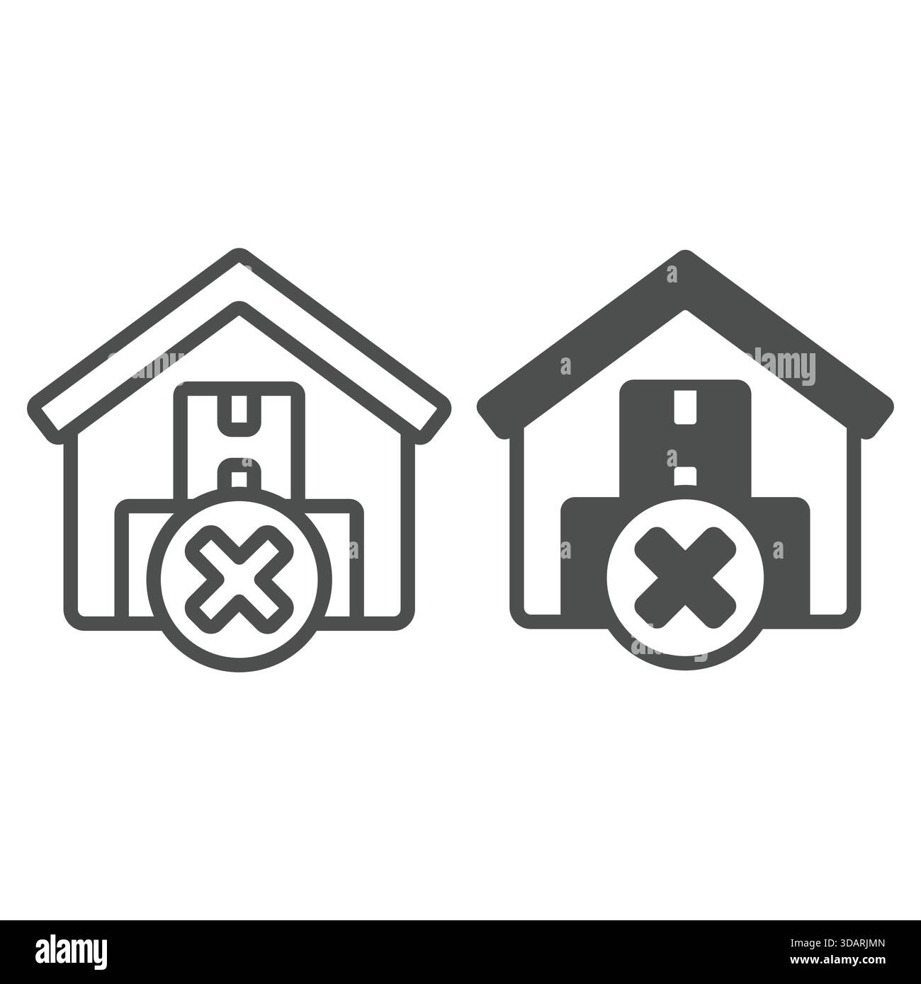 Warehouse cargo boxes forbidden line and solid icon, global sanctions concept. Vector graphics. Storage building without product sign on white backgro Stock Vector