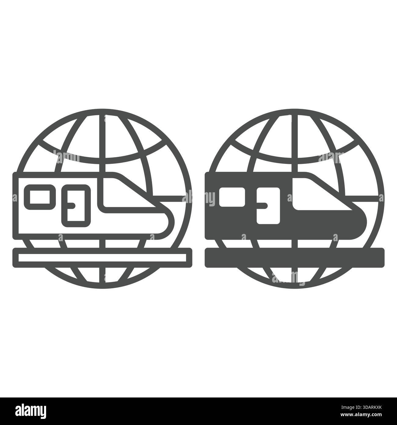 High speed train globe line and solid icon, delivery concept. Vector graphics. World globe with railroad train sign on white background, outline style Stock Vector