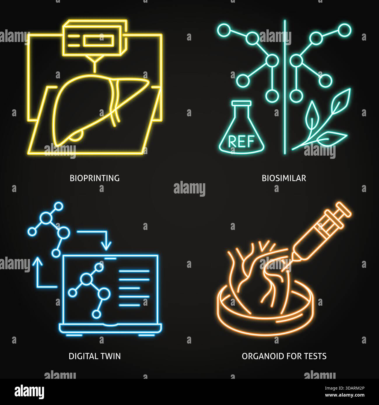 Innovative medicine techniques neon icon set. Digital twin, organoid ...