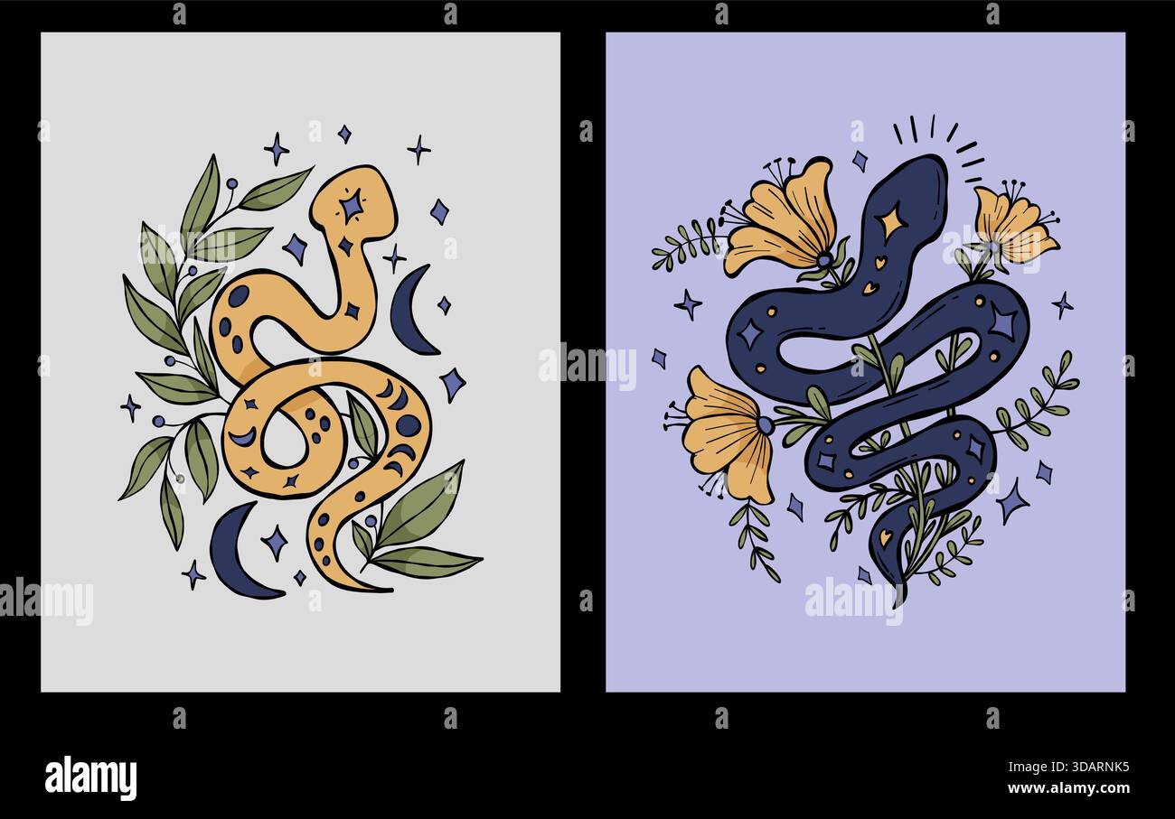 Mystical Snake with Moon Crescent and Flowers Plants. Color Textured ...