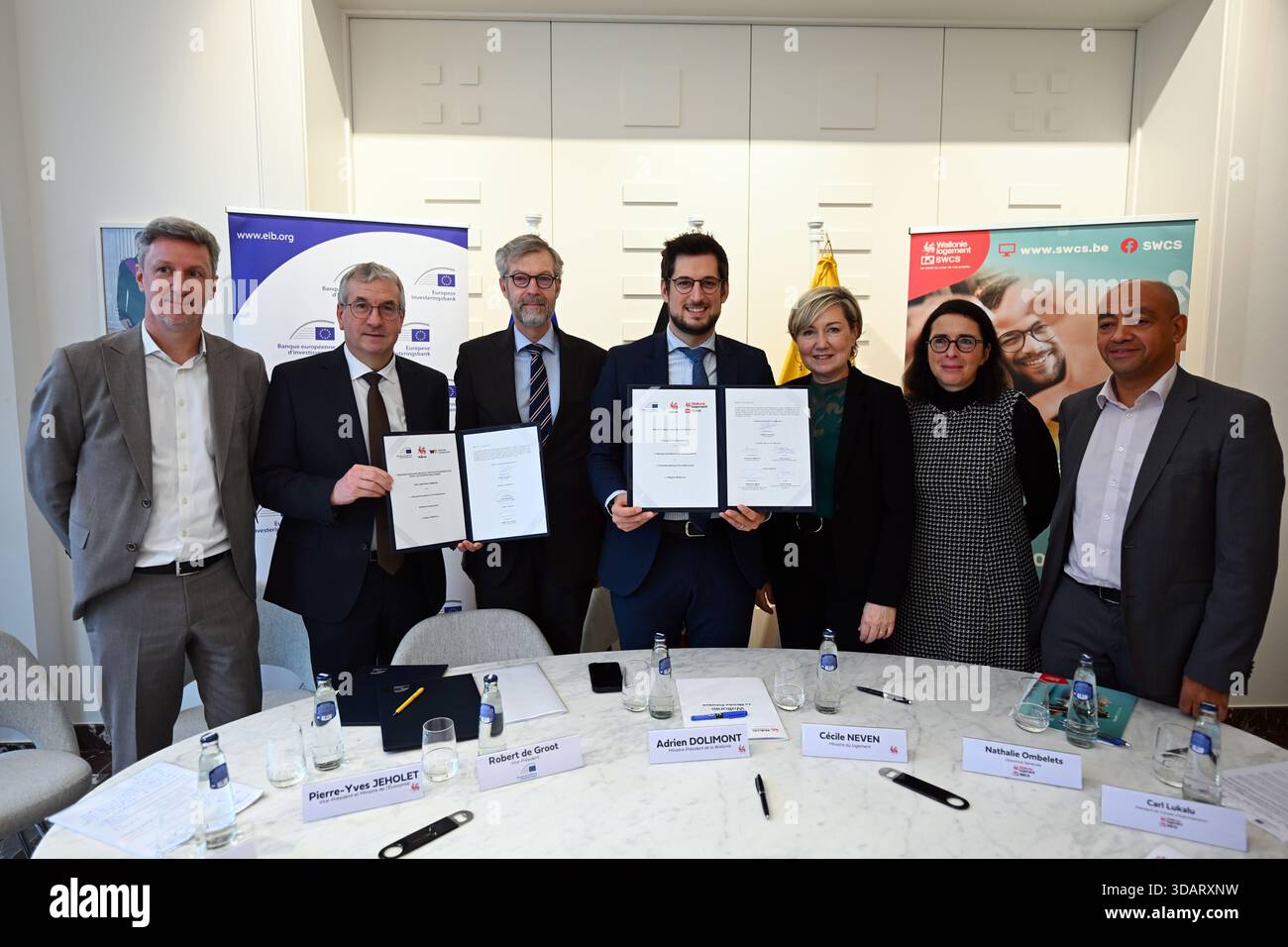Namur, Belgium. 11th Dec, 2025. Olivier Bouchat, Walloon vice-minister  president Pierre-Yves Jeholet, Robert De Groot, Walloon Minister President  Adrien Dolimont, Walloon Minister Cecile Neven, Nathalie Ombelets and Carl  Lukalu pictured duringa the