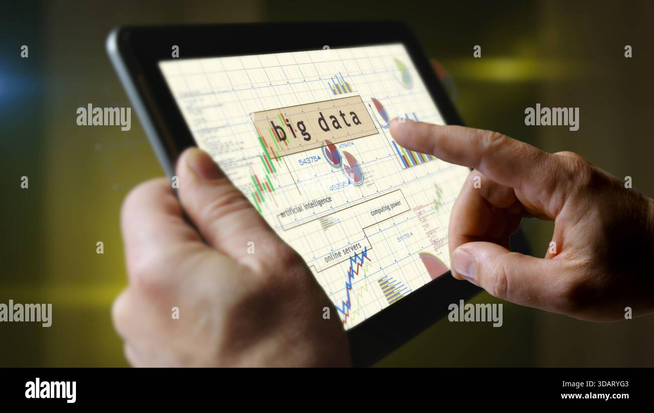 Big data digital technology charts and graphs diagram on touchscreen ...