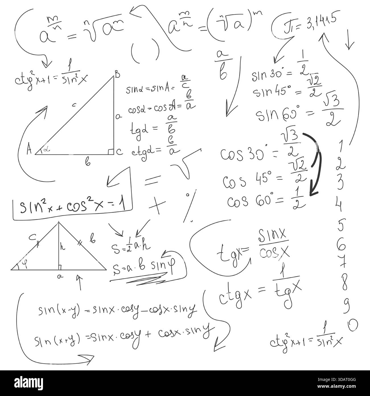 Math Scetch School math figures and circles, black and white sketch. Vector ...