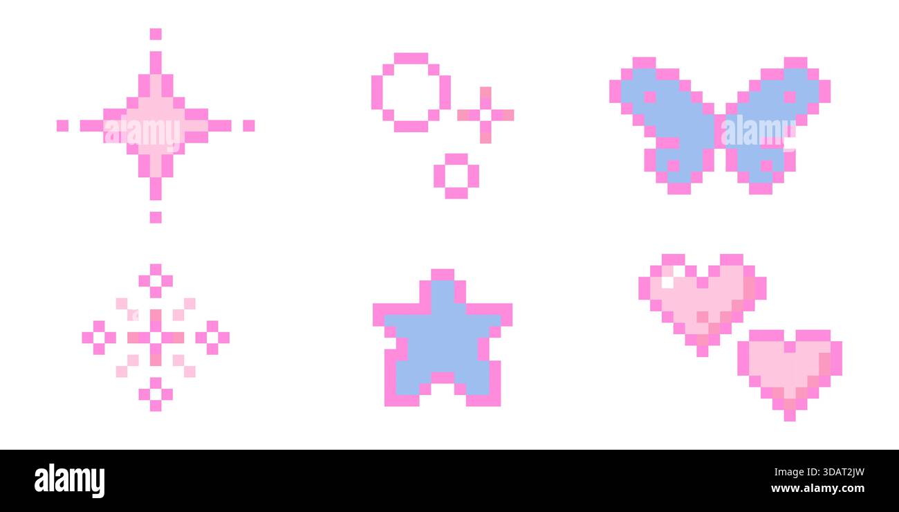 Cute pixel set elements, girly stars, bows, heart. Spring flowers and ...