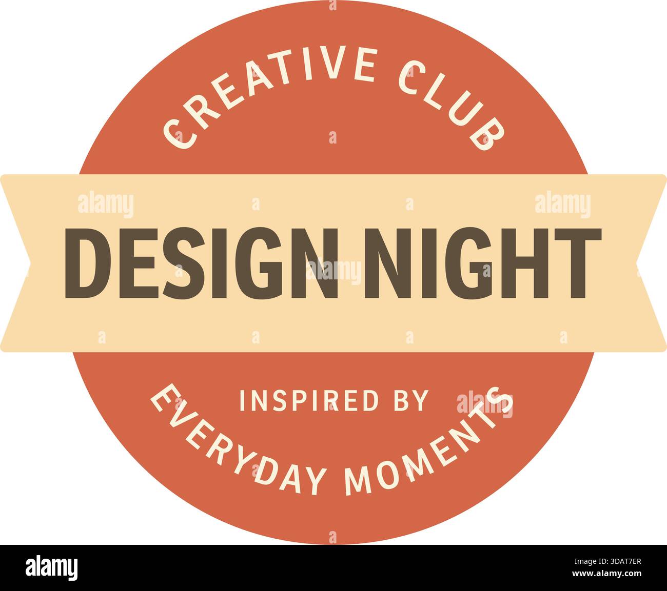 A circular emblem with ribbon bar reading Design Night and small copy inspired by everyday moments in warm neutrals. Stock Vector