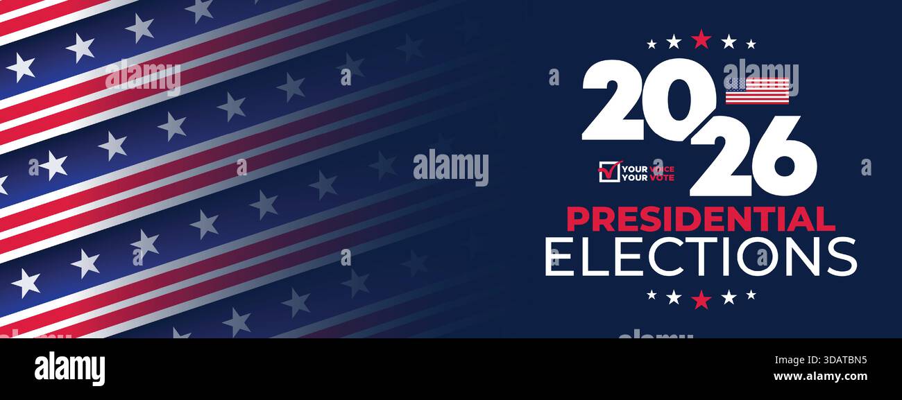 Dynamic 2026 election banner featuring horizontal flag stripes, patriotic tones, and bold typography designed for campaign promotion and political mar Stock Vector