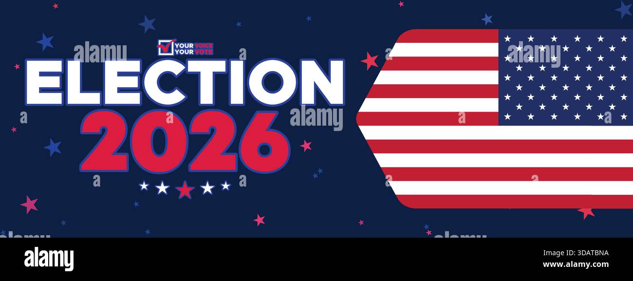Bold Election 2026 banner featuring half frame American flag elements and modern blue-red patriotic styling for campaign marketing and political graph Stock Vector