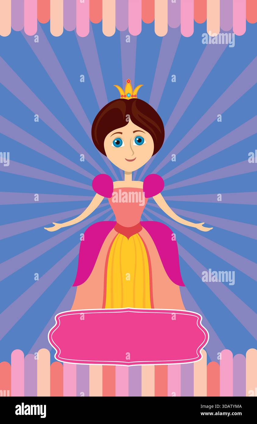 A cartoon princess is standing in front of a pink banner with a blank ...