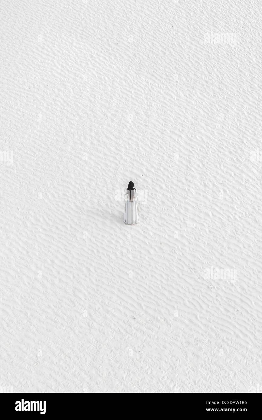 Isolated Figure Aerial view of a solitary figure standing starkly against the bleached ...