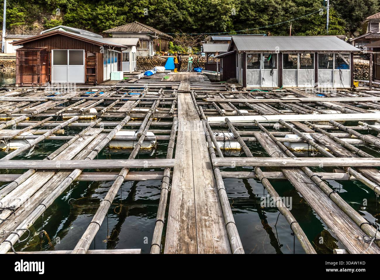 A jetty with an outdoor tank for oyster farming at Shinju no Sato. The farm is located in Shima, Mie Prefecture, in Ago Bay, a region closely linked to the history of Akoya pearls. The facility is run by a pearl farming business that carries on the region’s tradition. Shima, Mie, Japan Stock Photo