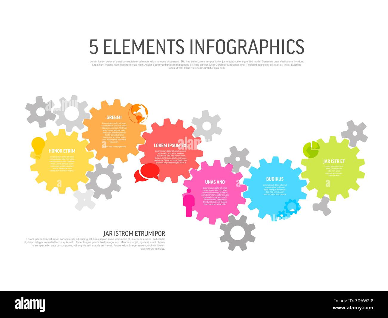 A dynamic 5 elements infographics template featuring colorful ...
