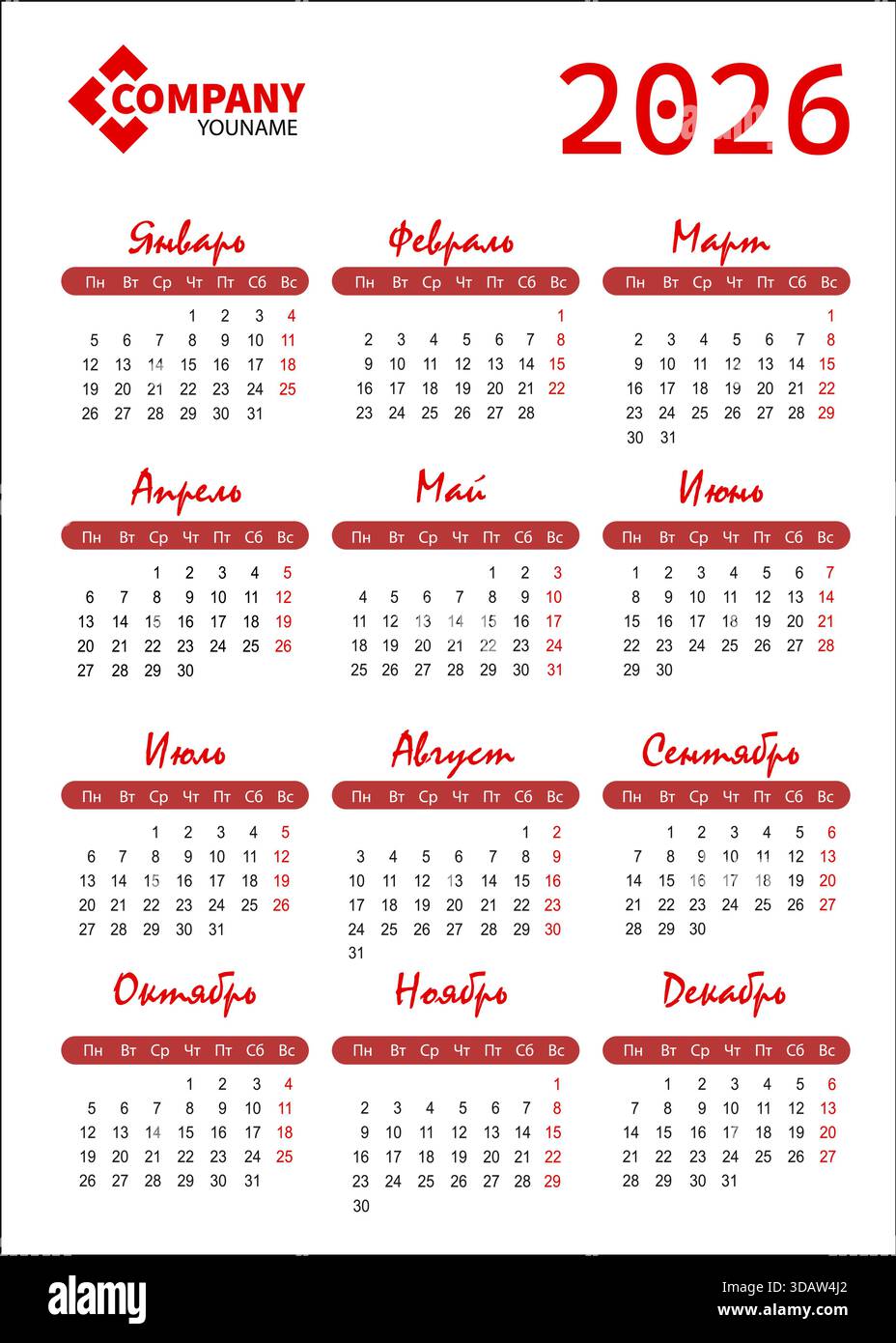 Russia. calendar Year 2026. vector calendar. The week starts on Monday ...