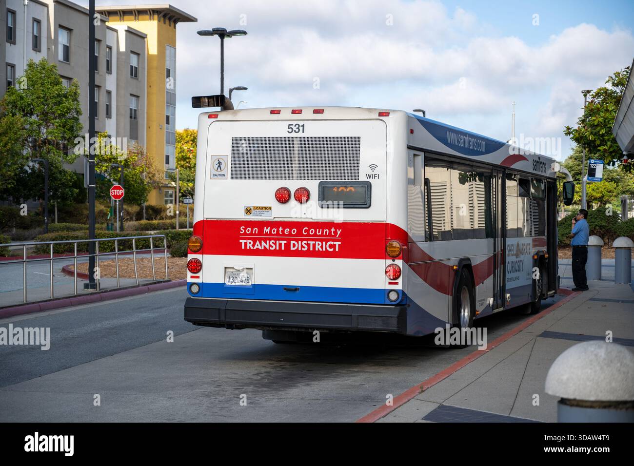 Rear view of SamTrans bus with San Mateo County Transit District livery ...