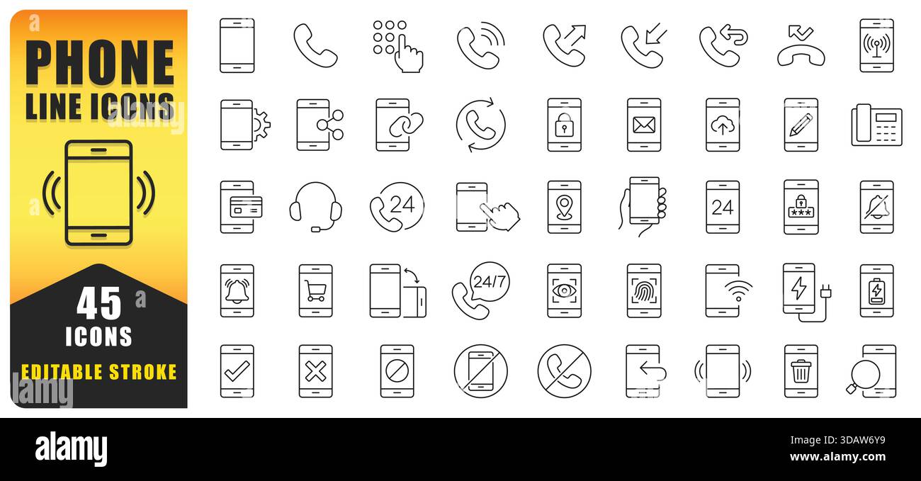 Phone Line Icon Set Showcasing Communication, Connectivity, And Mobile Functionality. This Versatile Set Is Designed For Apps, UI Projects And Digital Stock Vector