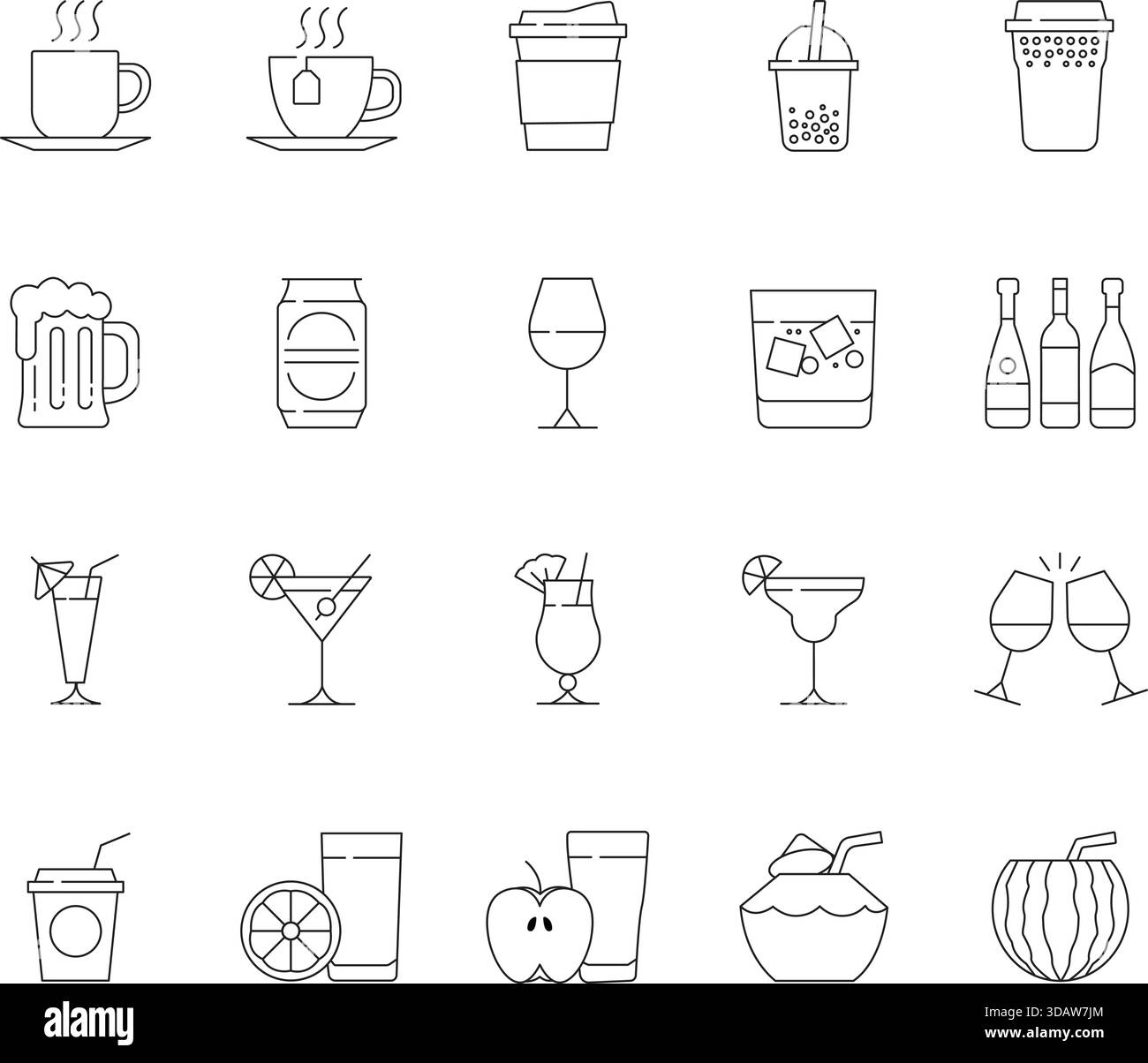 Drinks and Beverages Thin Line Icons Set. Vector Outline Symbols for Cocktails, Coffee, Tea, Beer, Wine, and Non-Alcoholic Refreshments. Stock Vector
