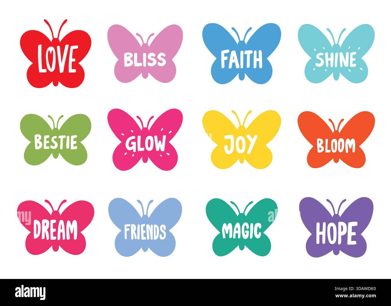 Cute butterfly with positive words compilation set. Stock Vector