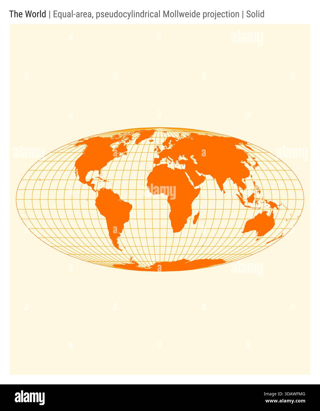 World Map. Equal-area, pseudocylindrical Mollweide projection. Solid ...