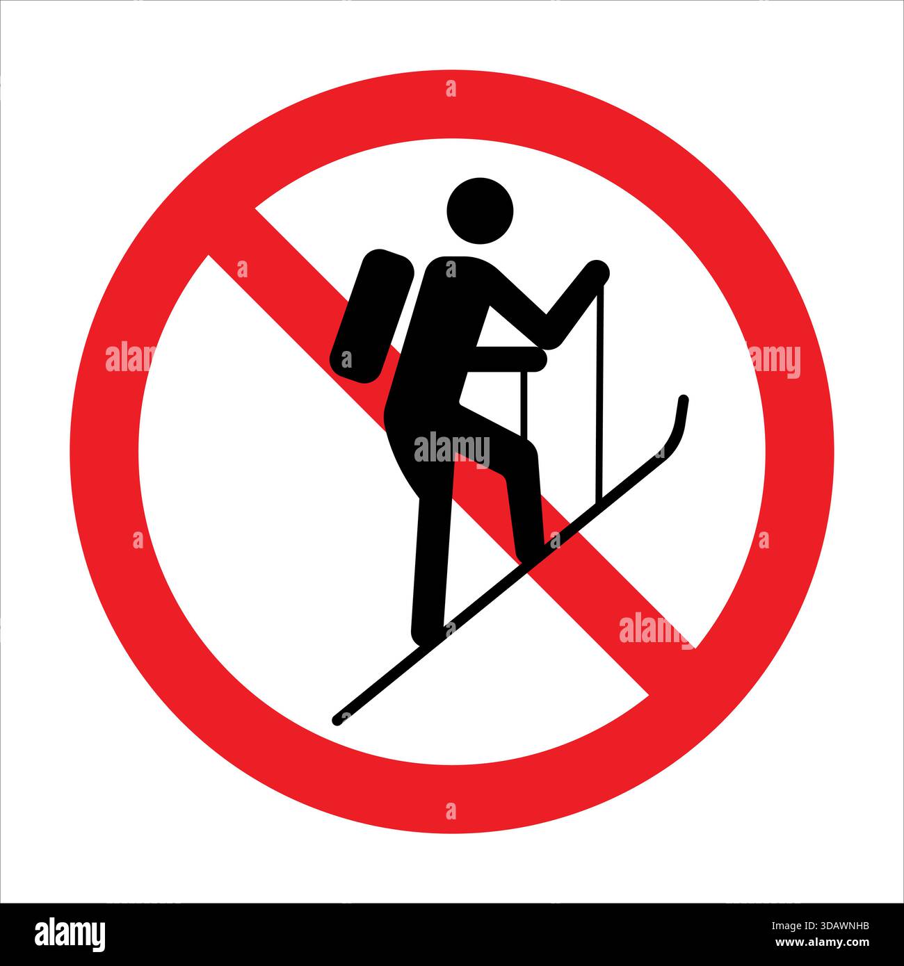 Ski tourer in red circle with diagonal line indicating a prohibited activity. Stock Vector