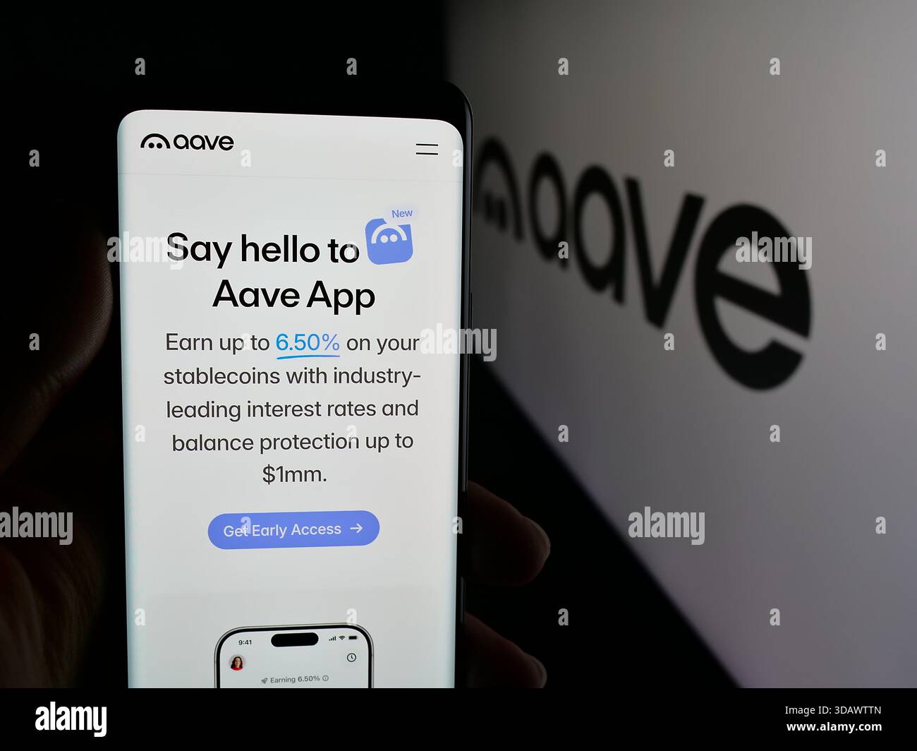 Stuttgart, Germany - 11-30-2025: Person holding smartphone with web page of  British software company Aave Labs on screen in front of logo Stock Photo -  Alamy