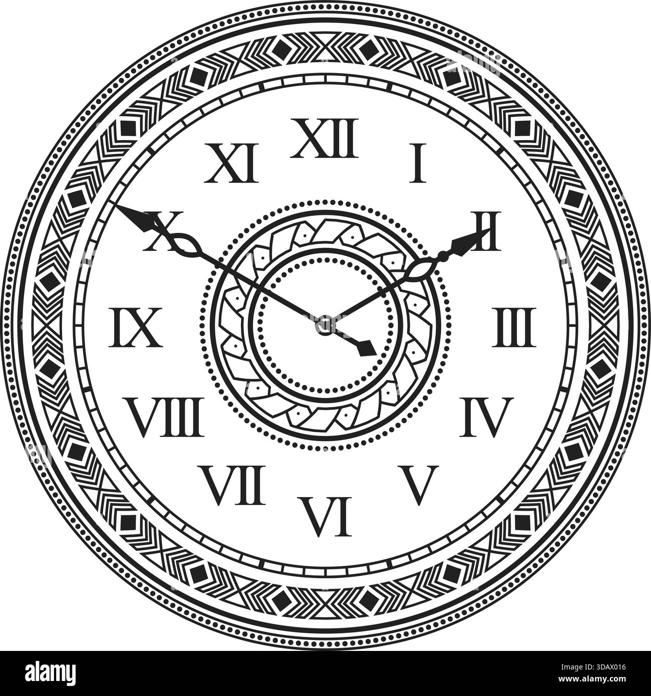 A black and white clock with Roman numerals on it. The clock has a circular design and the numbers are arranged in a spiral pattern. The clock is set Stock Vector