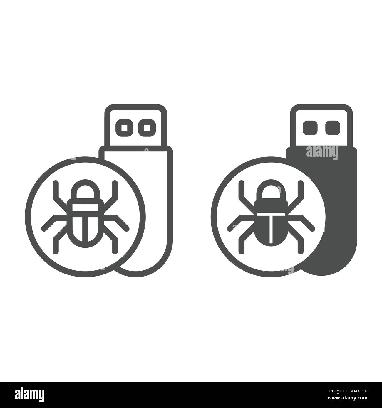 Flash drive with virus line and solid icon, hacker attacks concept. Vector graphics. Hacker exploit, bug on pen drive sign on white background, outlin Stock Vector