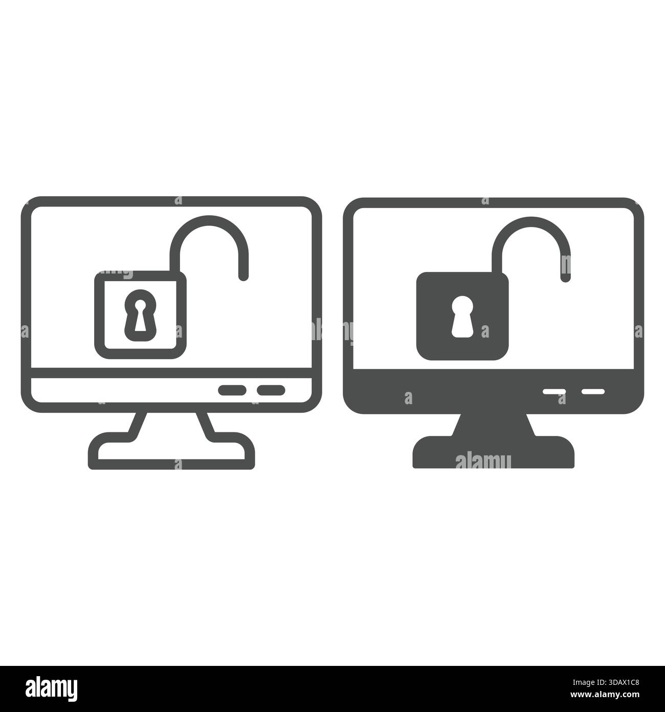 Monitor with unlocked lock line and solid icon, hacker attacks concept. Vector graphics. Display unlocked, screen protection sign on white background, Stock Vector