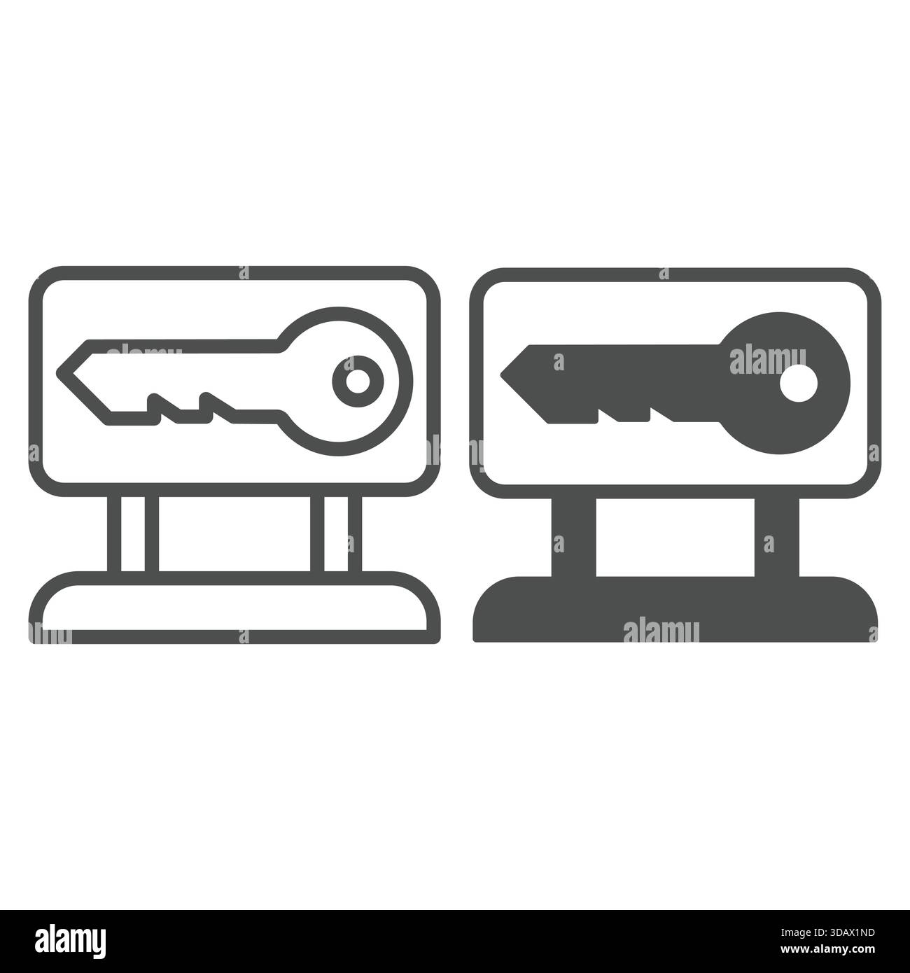 Billboard stand with key line and solid icon, hacker attacks concept. Vector graphics. Public unsecured key, sharing banner sign on white background, Stock Vector