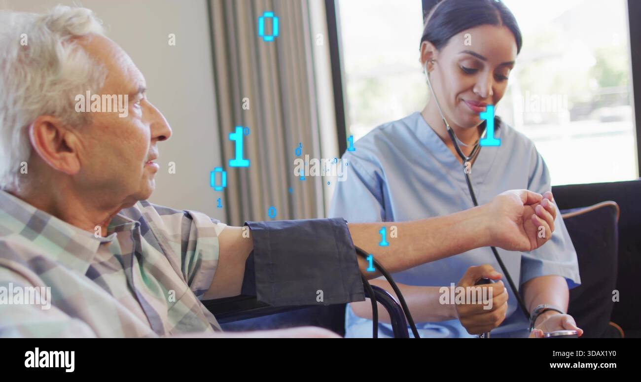 Checking nurse in scrubs using stethoscope and cuff on living room sofa, data overlay Stock Photo