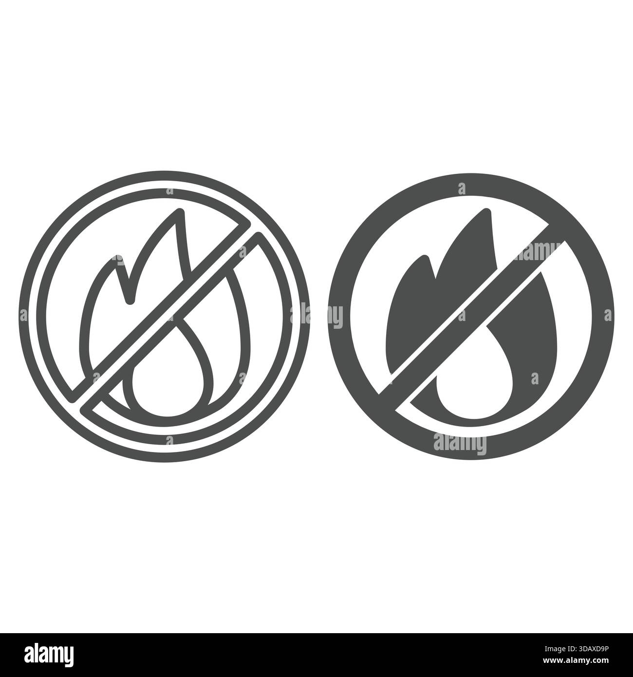 Flame, burning fire ban line and solid icon, prohibited elements ...