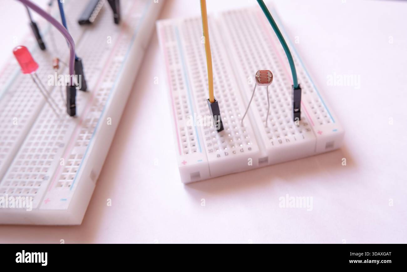 Electronic circuit prototype with photoresistor. Focused on LDR. Stock Photo