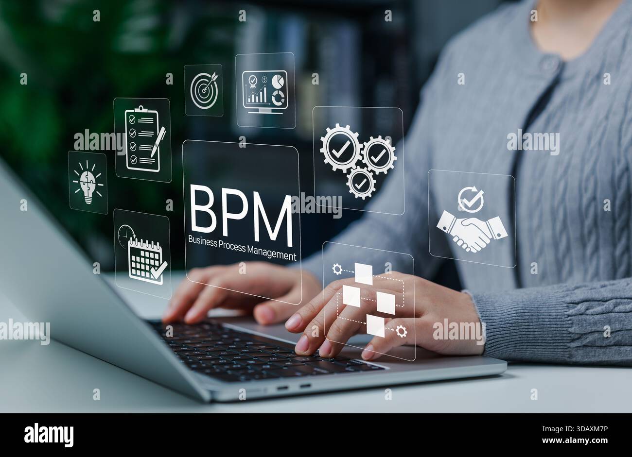 Business process management (BPM) concept. Hands typing on laptop with icons showing workflow automation, task optimization, data analysis, Stock Photo