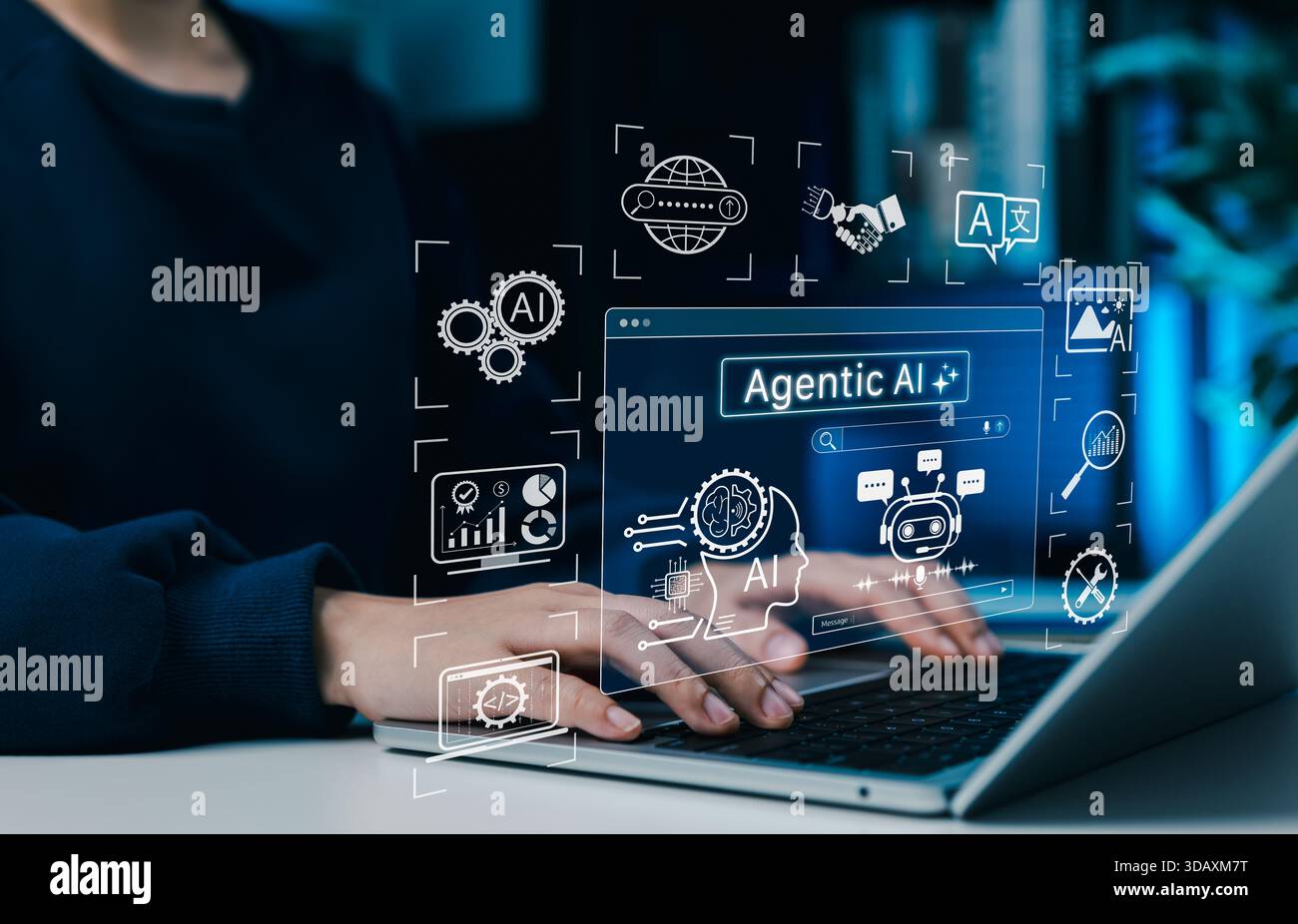 Agentic AI technology concept. Woman using laptop with artificial intelligence interface, machine learning, automation tools, data analysis and smart Stock Photo