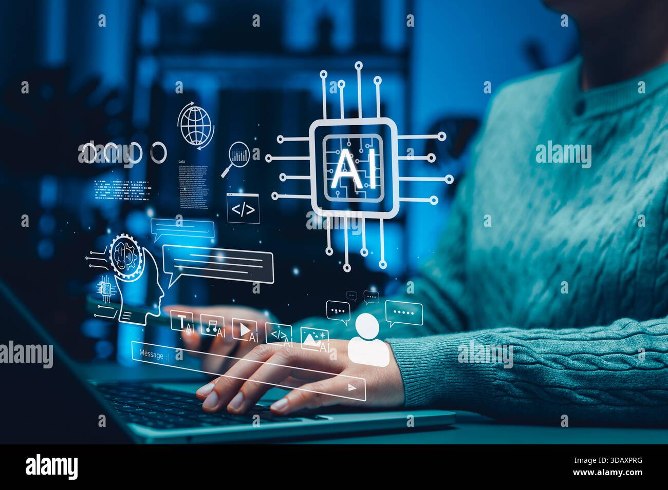 Artificial intelligence concept. Person using laptop with digital interface icons and AI processor representing machine learning, chatbot, smart data Stock Photo